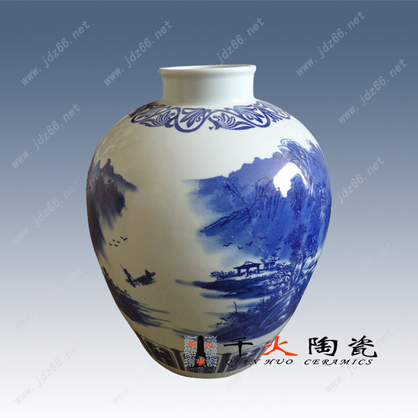 青花山水陶瓷酒壇原始圖片2