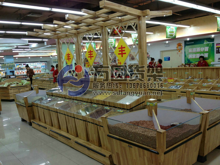 超市木制貨架 山東省木質(zhì)貨架 生鮮區(qū)貨架廠家