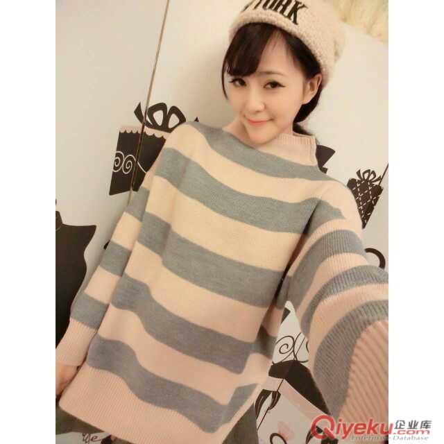 小辣嬌*{dj2}美衣條紋開衩灰粉條寬松韓版氣質(zhì)毛衣原始圖片2